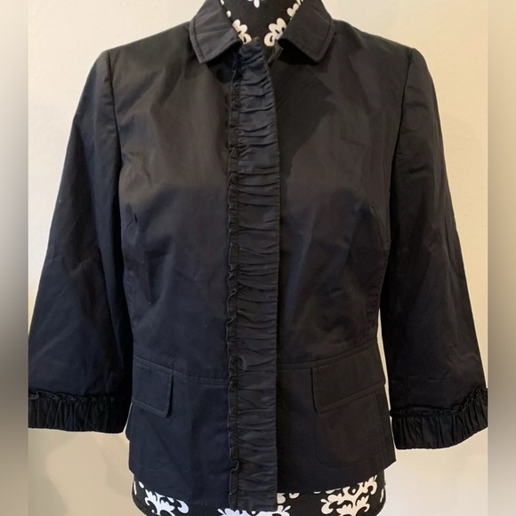 Talbots Women’s Black Cotton Blend Ruched Trim Raffled Lined Pockets Jacket 14 - Picture 1 of 5